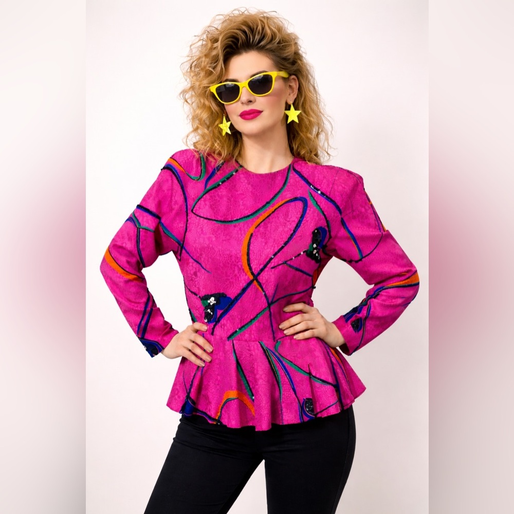 Vintage Della Roufogali Silk Peplum Blouse Pink Sequin Abstract Sz 8